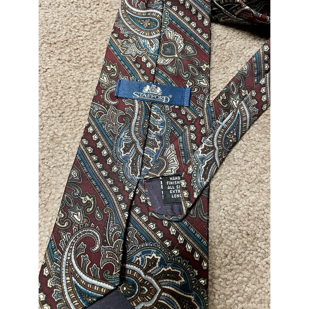 Vintage Stafford Silk Paisley‎ Tie Mens Burgundy Blue Gold 4" Classic Necktie